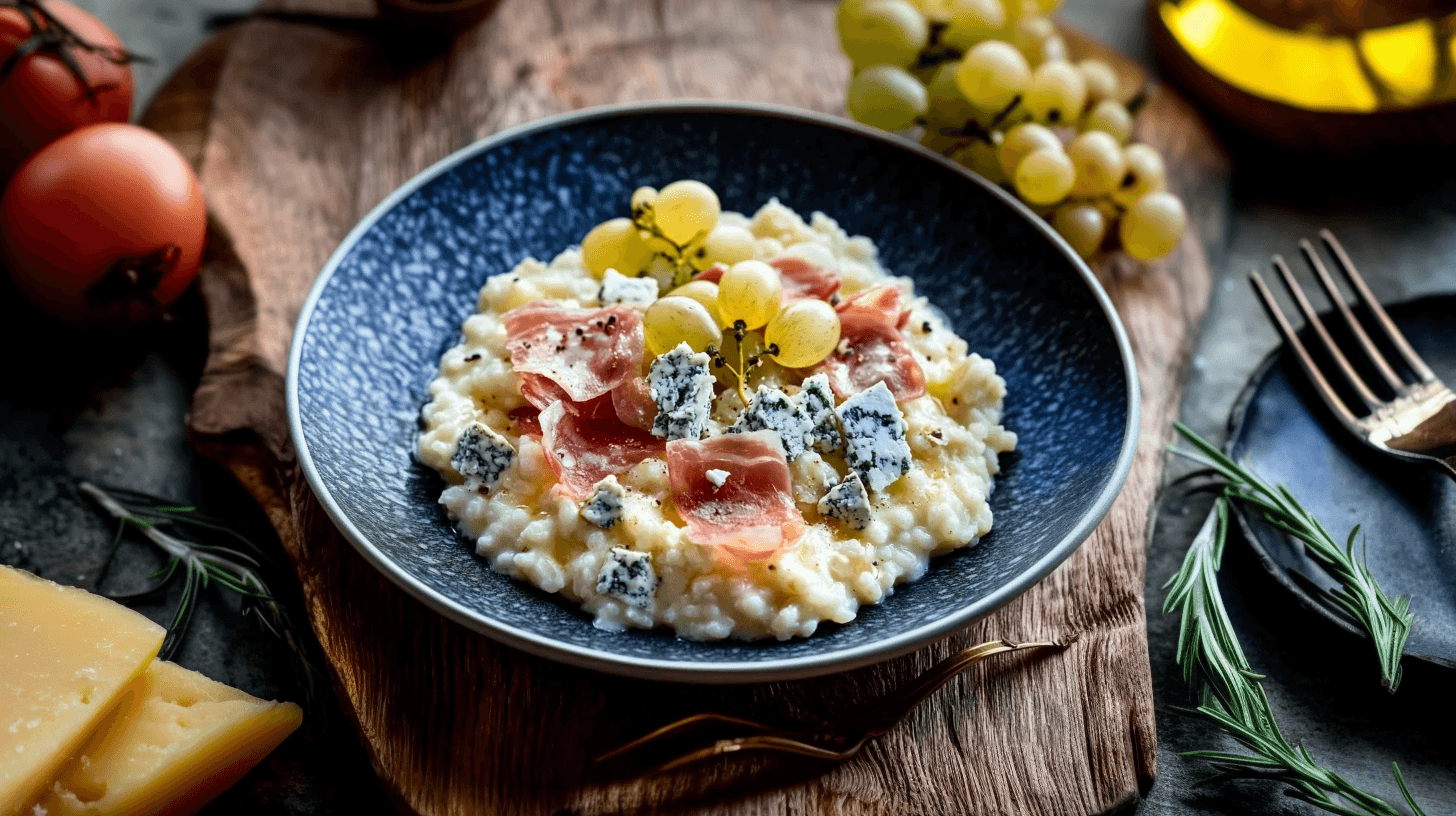 Image de l'article: Risotto au fromage bleu, jambon cru et raisin blanc : la recette raffinée et facile