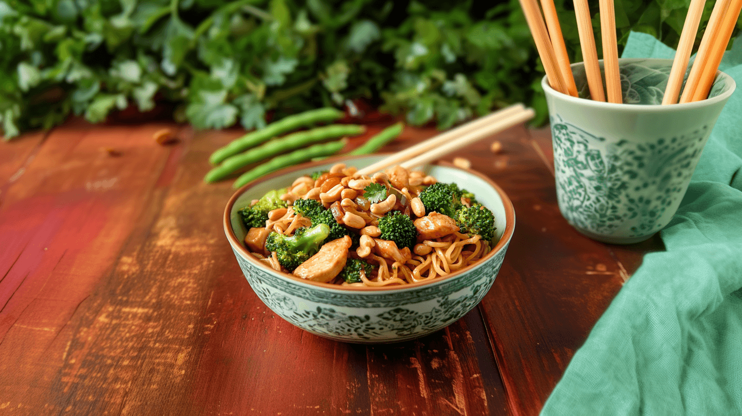 Image de l'article: Nouilles sautées au brocoli, noix de cajou et poulet : recette saine et rapide