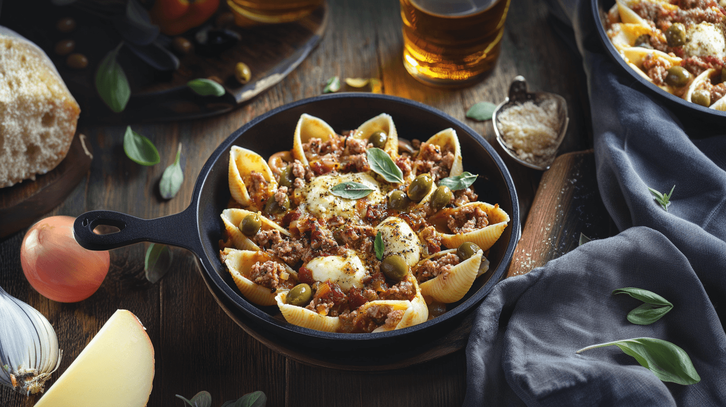 Image de la recette pour préparer Conchiglionis farçis au veau, scarmorza & olives vertes