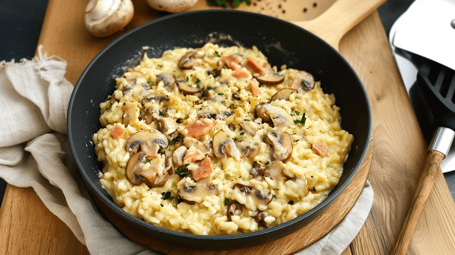Image de l'article: Risotto à la carbonara aux champignons : recette saine, rapide et gourmande