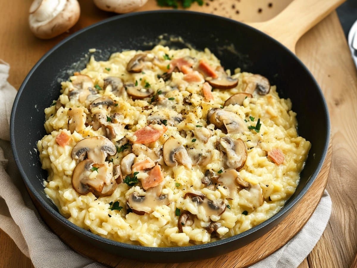 Image de la recette pour préparer Risotto à la carbonara aux champignons
