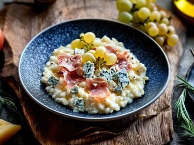 Risotto au fromage bleu, jambon cru et raisin blanc : la recette raffinée et facile